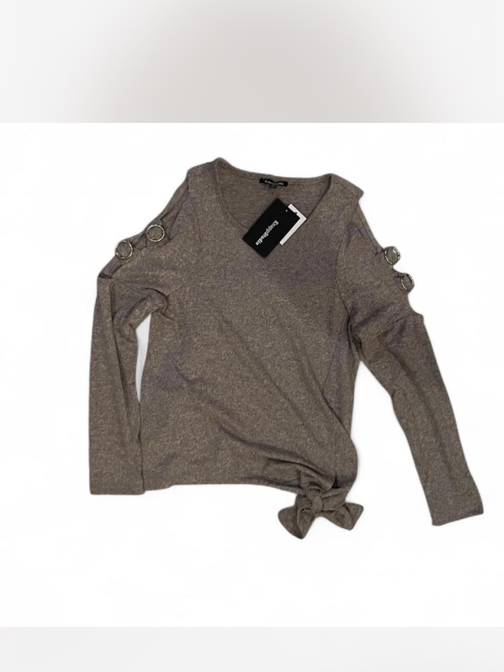 Express Cold-Shoulder Ring-Accent Long Sleeve Top in Taupe